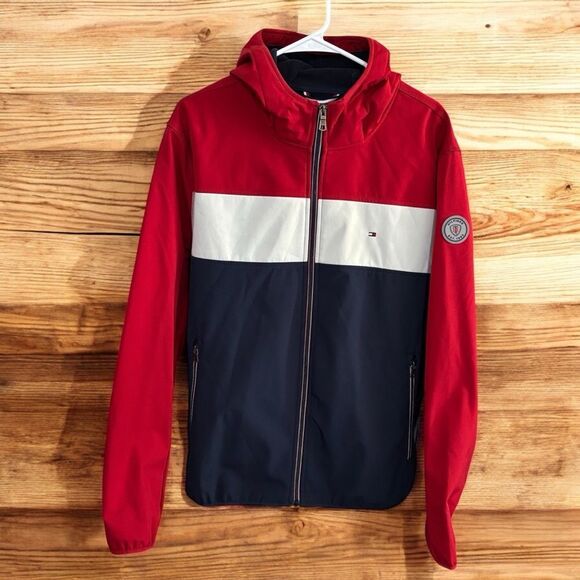 Tommy Hilfiger Men's Red and Blue Hooded Jacket - Picture 1 of 6